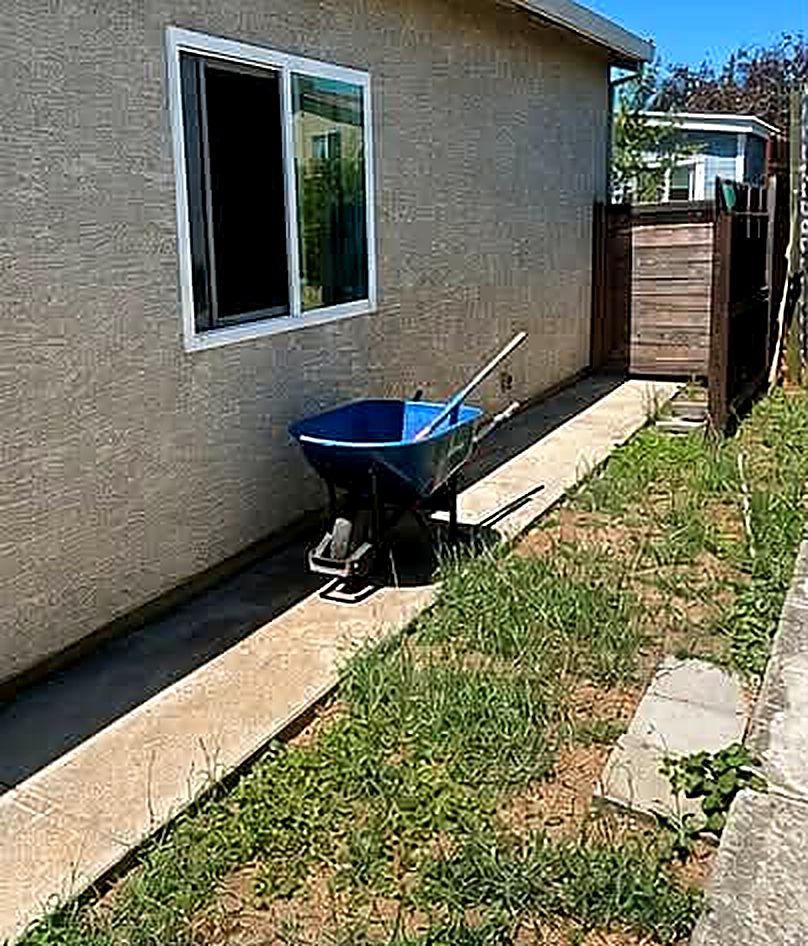 After: the same side yard cleared, just a wheelbarrow left along the wall